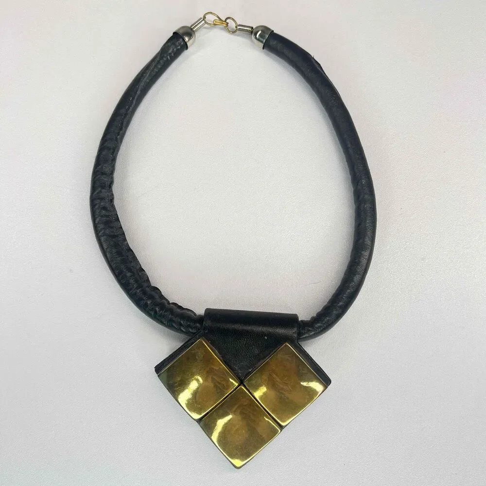 Vintage Statement Necklace Black Leather Brass Medallion Boho Hippie Queen
